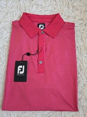 FootJoy Lisle Polo Shirt Men L Ruby/Pink Mini Check Stretch Performance Golf